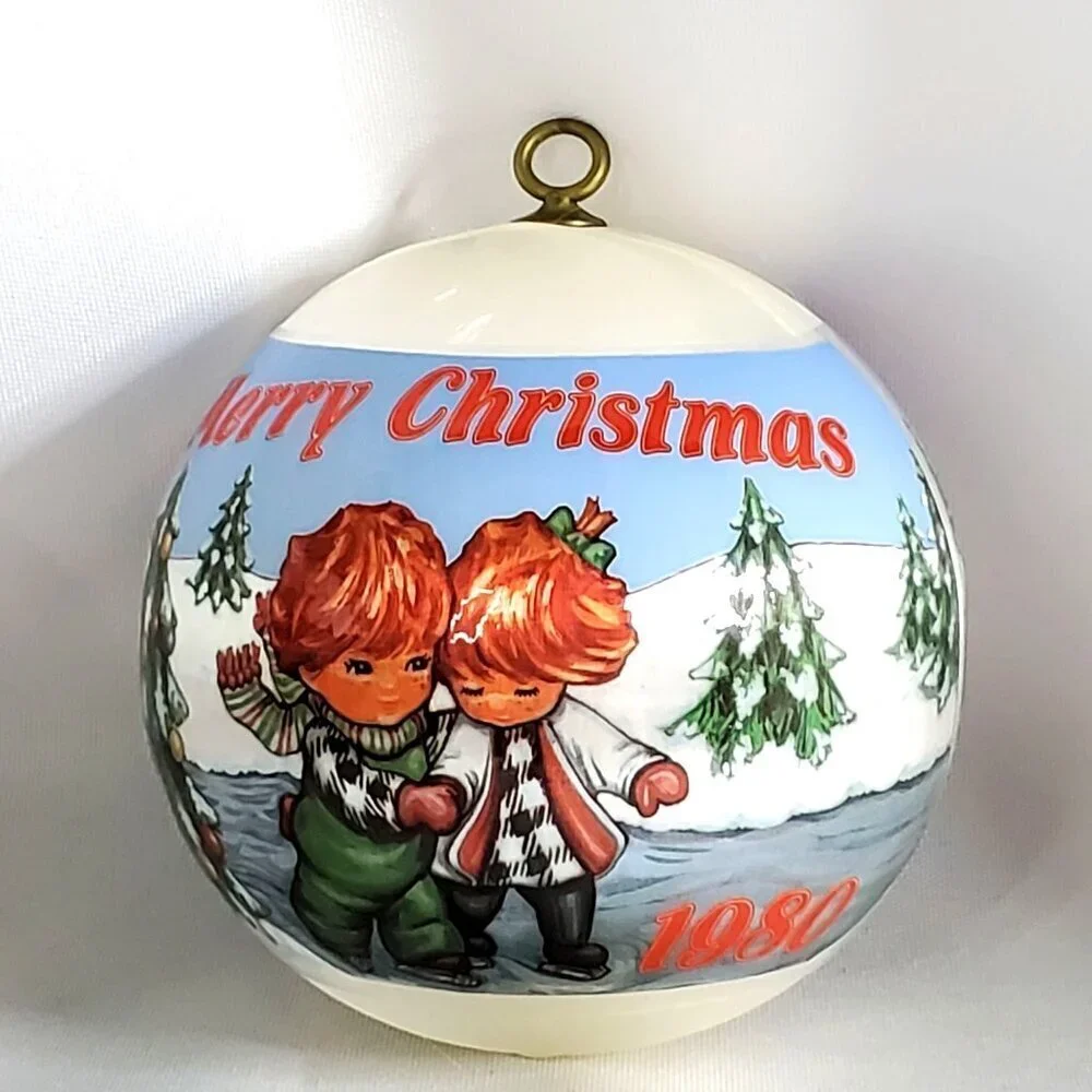 VTG Hummelwerk 1980 Redhead Skaters Satin Christmas Ornament